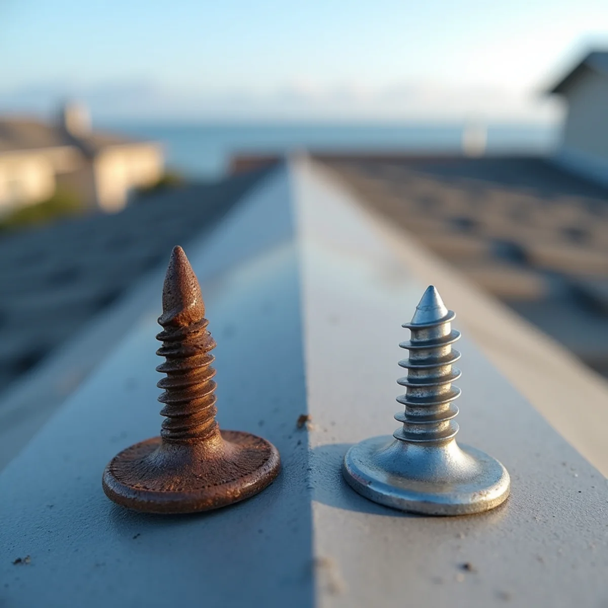 A corroded roofing fastener beside a corrosion-resistant one on a coastal roof