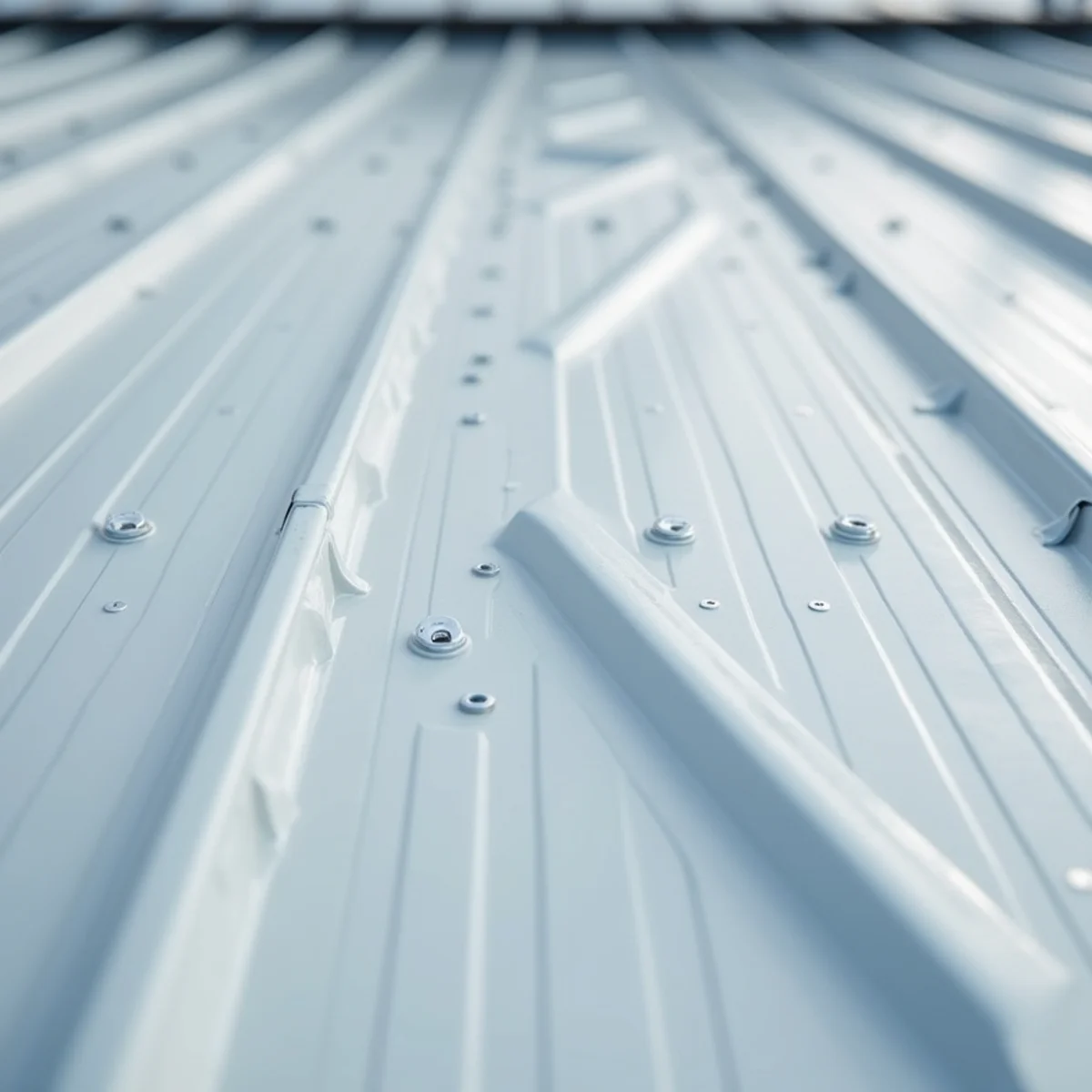Close-up of light gray standing-seam metal roofing panels with crisp parallel seams