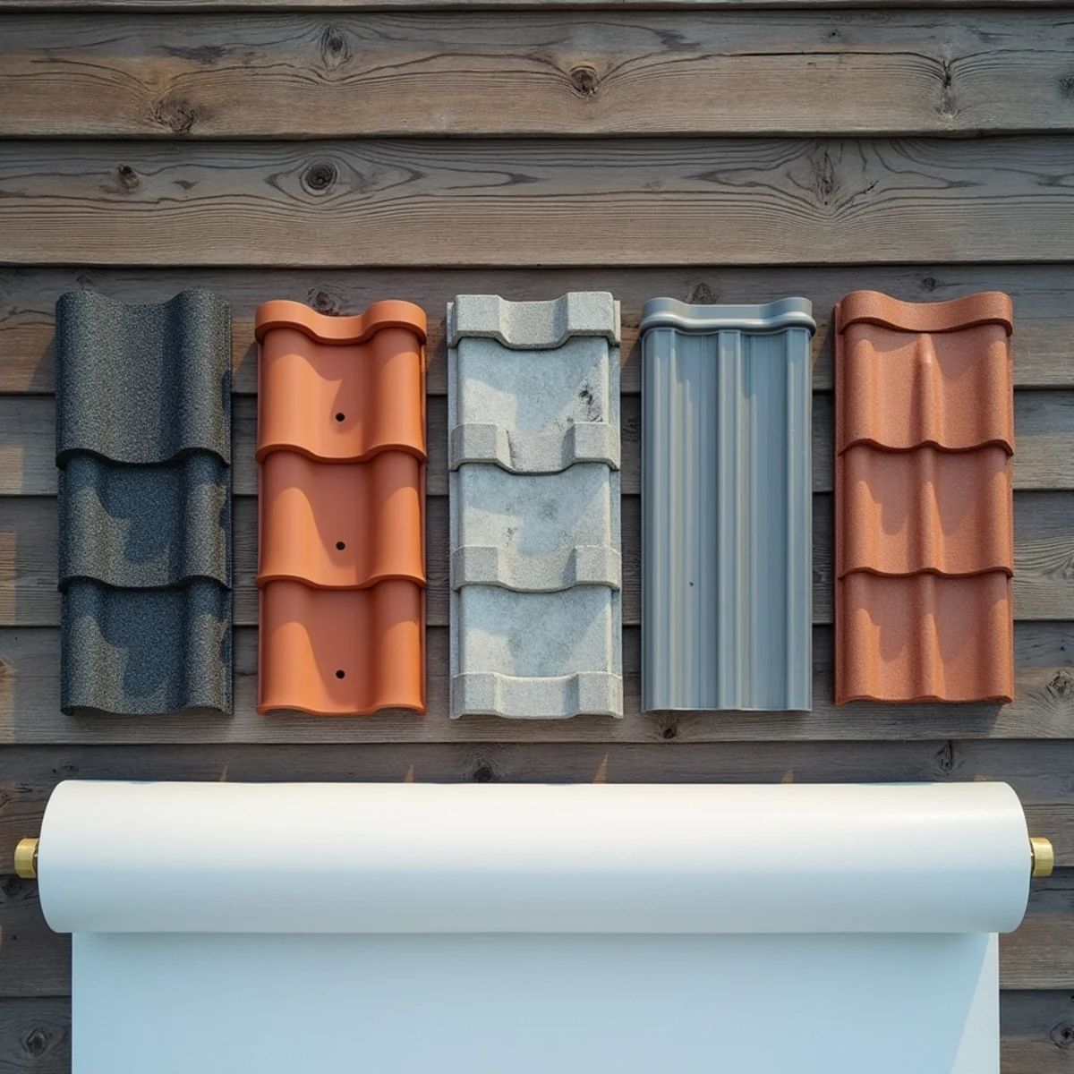 Overhead flat-lay comparing asphalt, tile, metal and membrane roofing samples