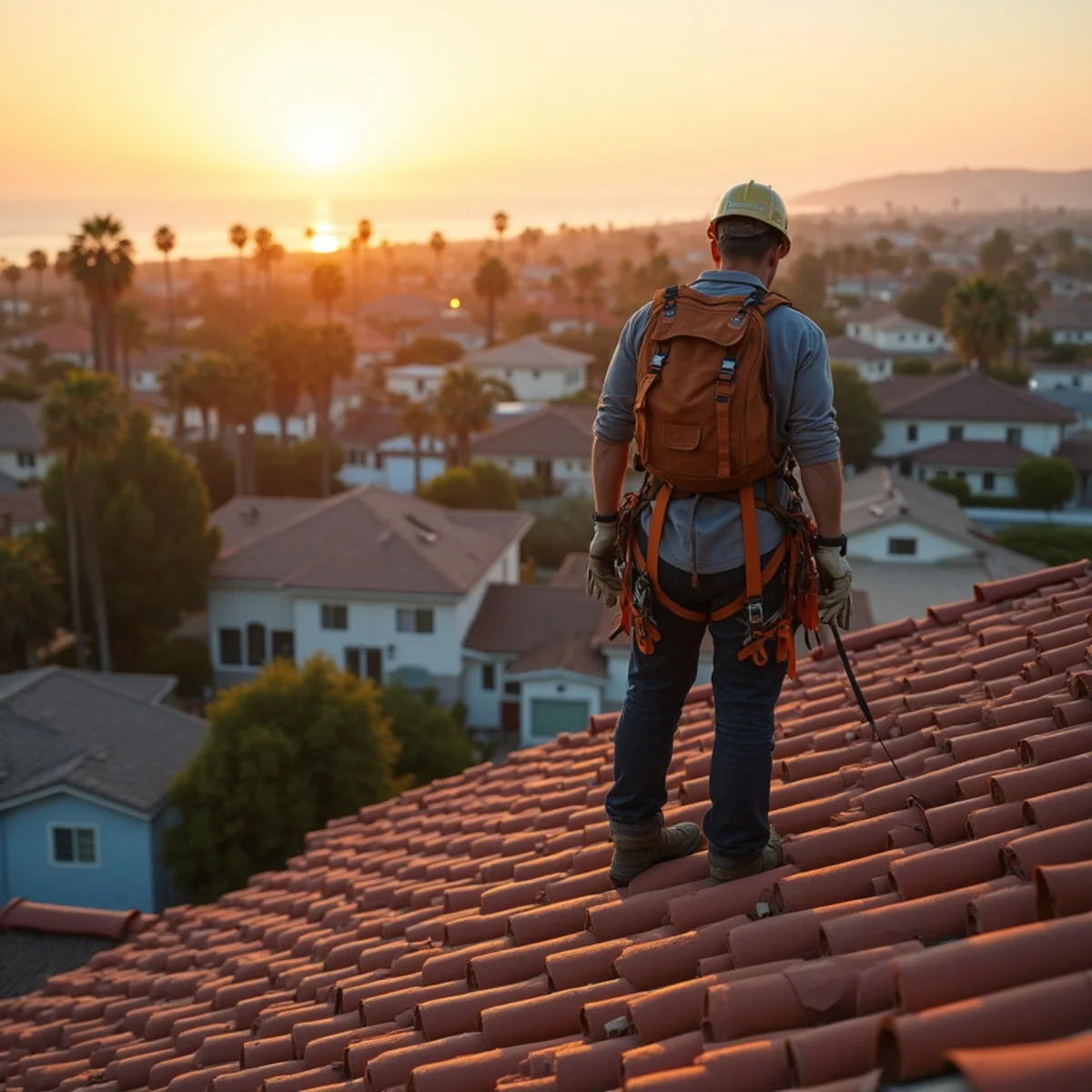 Oceanside residential neighborhood roofscape at golden hour