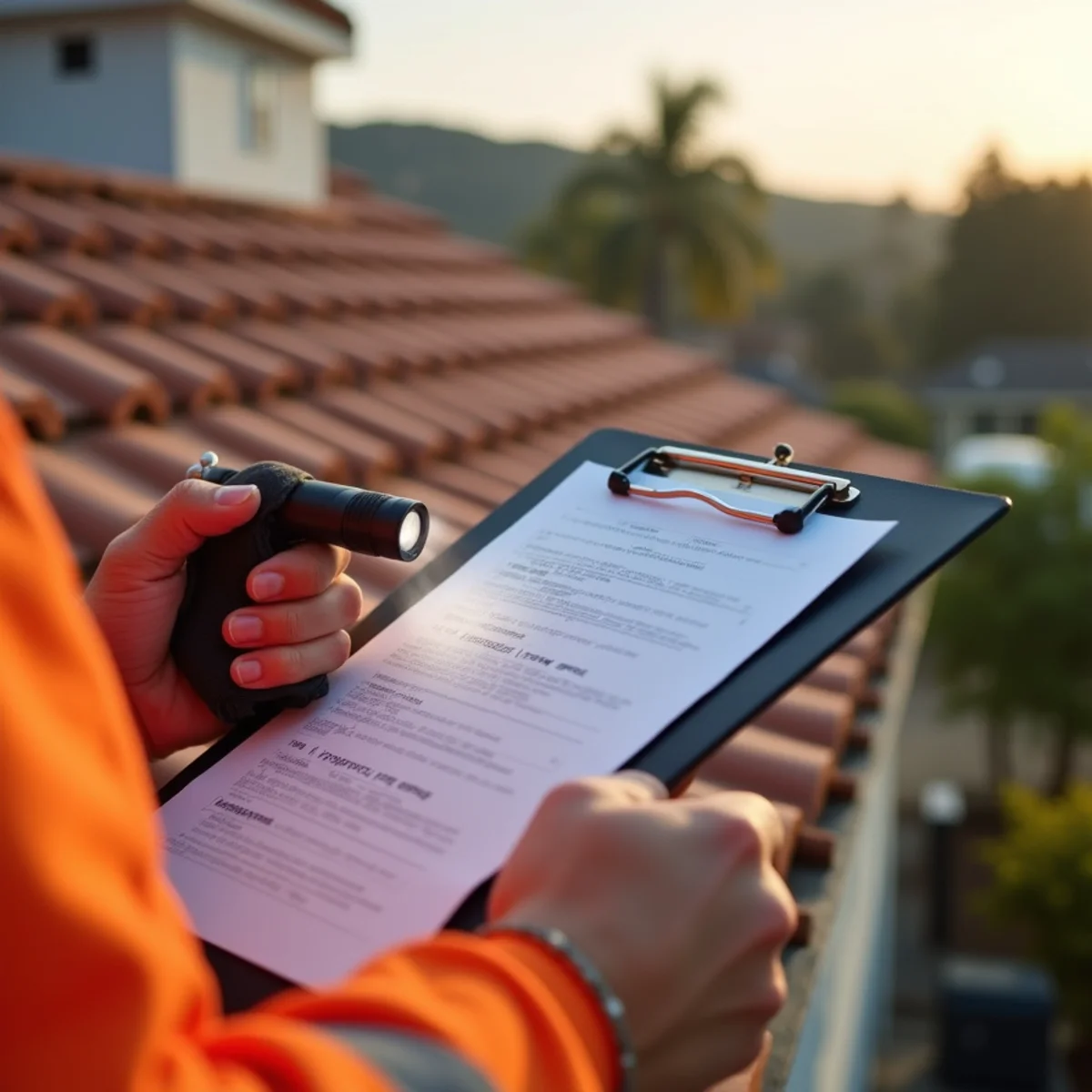 Technician's hands holding a clipboard and flashlight while inspecting a tile roof flashing joint