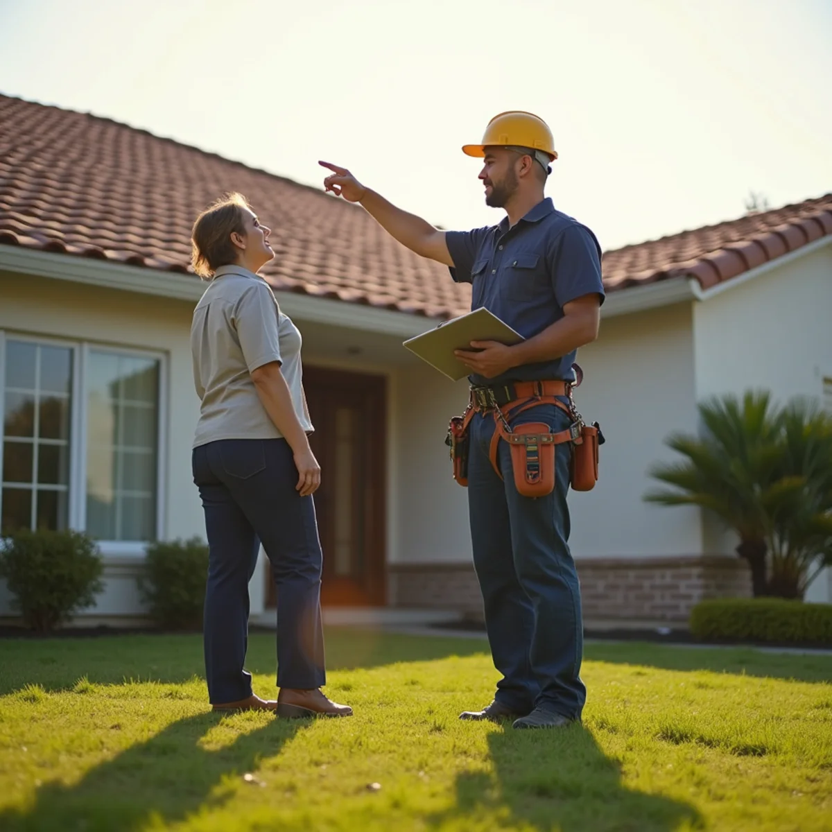 A roofing technician explaining a roof to a homeowner while standing on the ground
